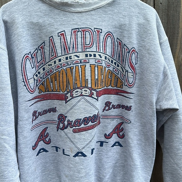 Vintage 90s LOGO 7 Gray Atlanta Braves Crewneck Sweater Size Large - Picture 2 of 15